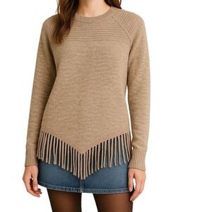 Boho Fringe Knit Sweater Womens S Beige Crew Pullover Teacher Prairie Cowgirl
